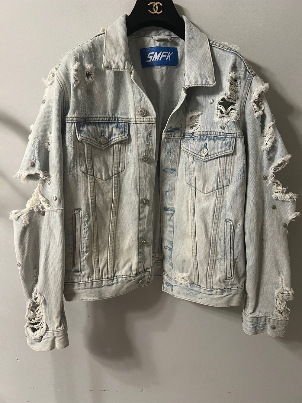 Light Blue Leather-Trim Label Denim Jacket